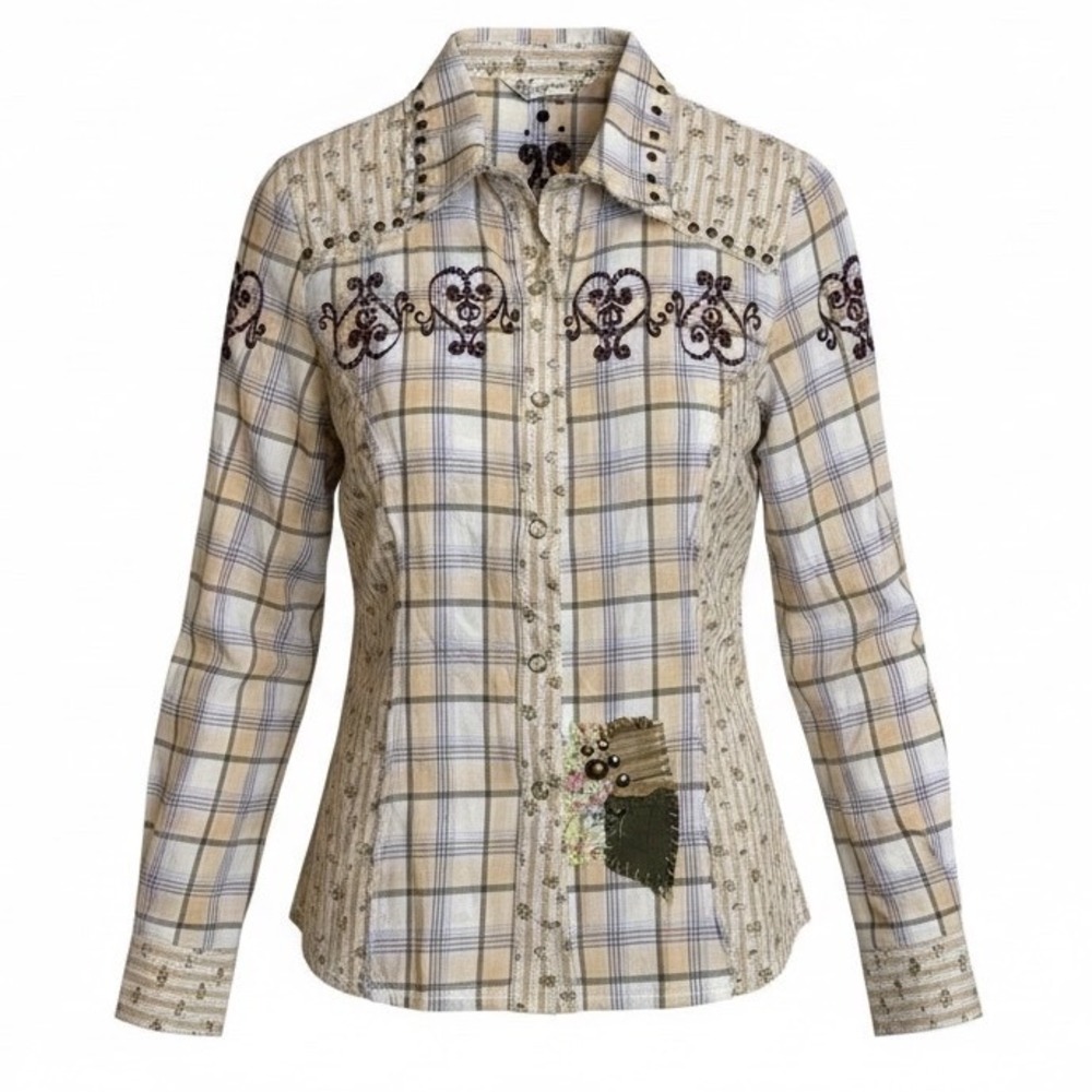 DAY TRIP Western Distressed Plaid‎ Embroidered Snap Shirt MED Cowgirl Rodeo Boho